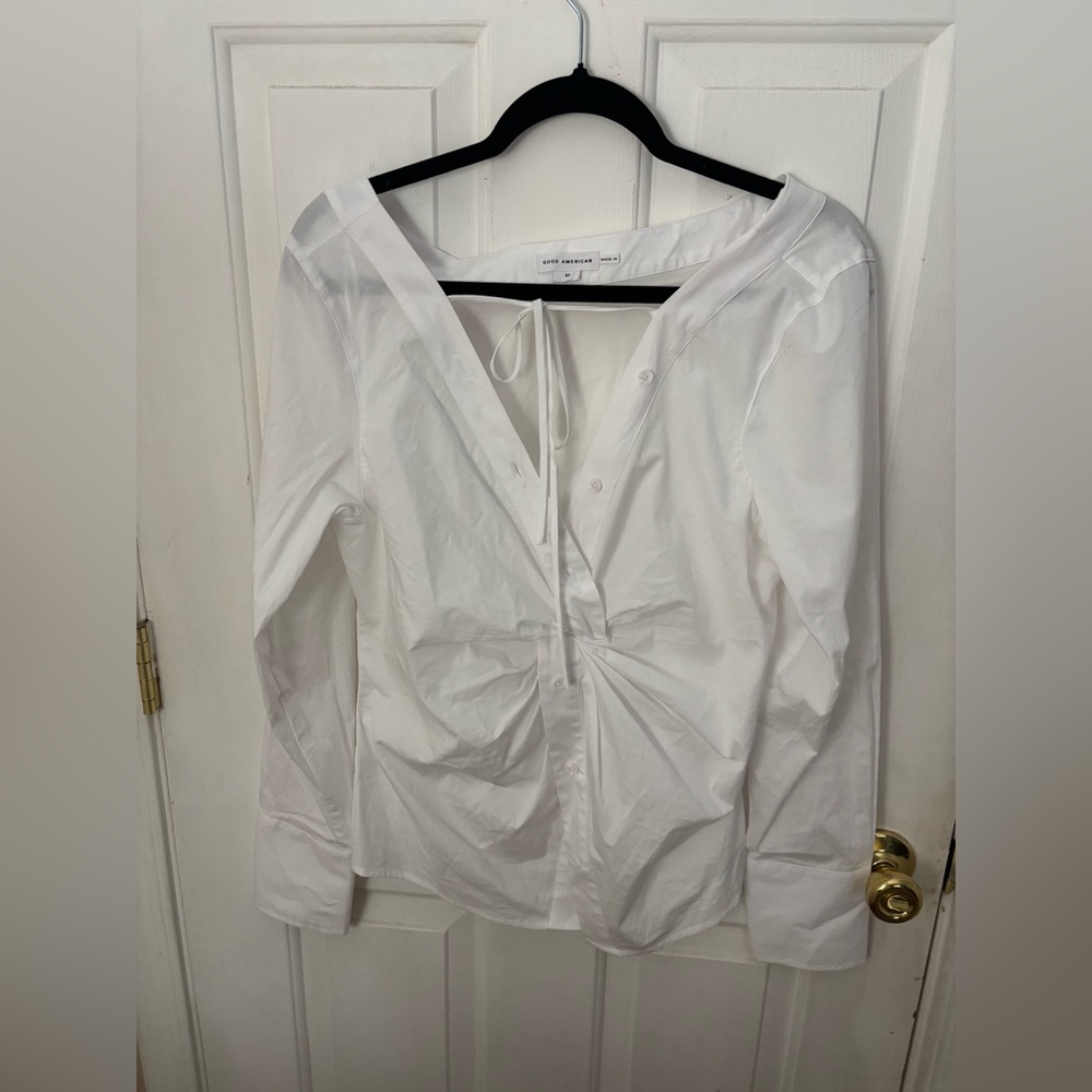 Good American White Button-Front Blouse with Tie Neck